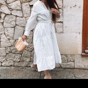 Zara Midi Dress Embroidered Eyelet Oyster Cotton Sleeves White Summer Si…